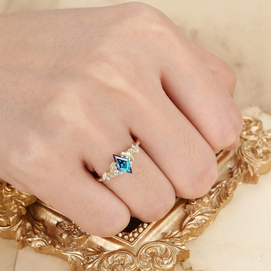 Natural Inspired Rhombus Shape Alexandrite Engagement Ring Leaf Style March Birthstone Bridal Ring