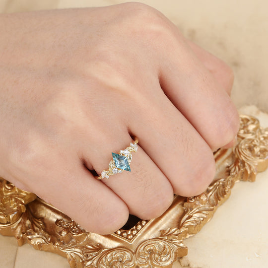 Natural Inspired Rhombus Shape Aquamarine Engagement Ring Leaf Style March Birthstone Bridal Ring