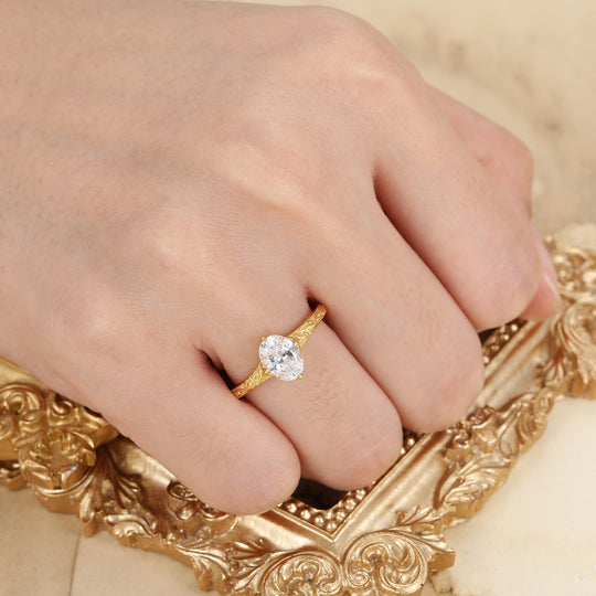 Vintage Inspired Oval Moissanite Vine Engagement Ring 18K Filigree Engraved Bridal Ring
