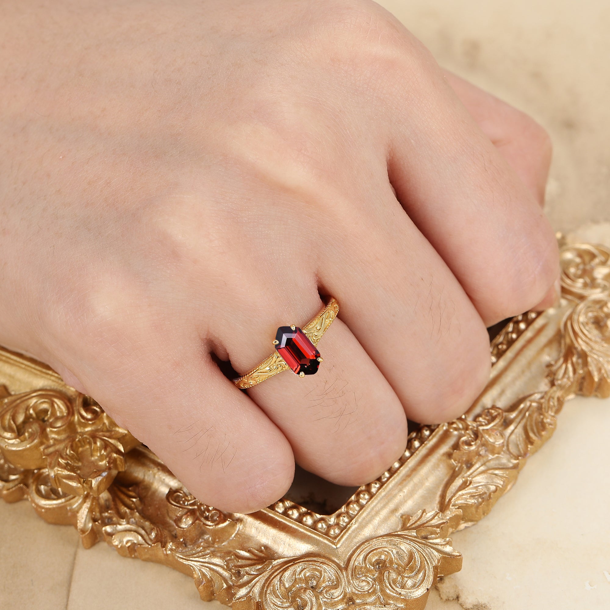 Elongated Hexagon Cut Garnet Ring Detailed Engraved Gold Ring Red Gems