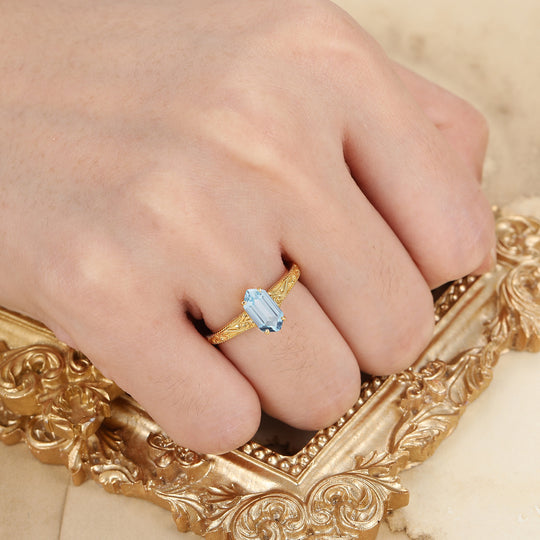 El anillo de boda solitario de aguamarina con corte hexagonal alargado, filigrana para mujer, anillo de aniversario
