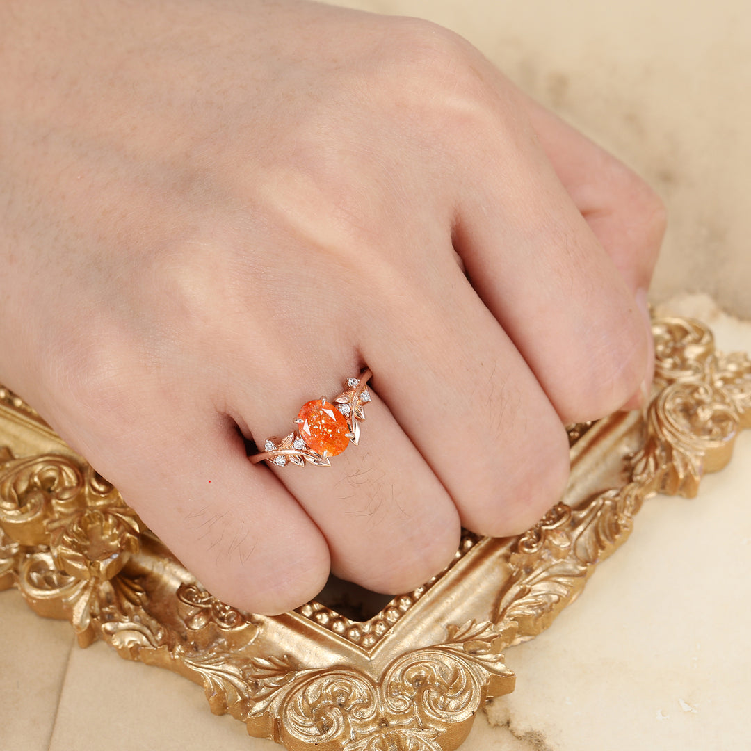 Natural Inspired Sunstone Engagement Ring Art Deco 14K Rose Gold Women Ring