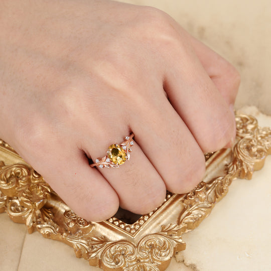 Leaf Vine Style Oval Cut Citrine Engagement Ring 14K Solid Gold Ring For Her