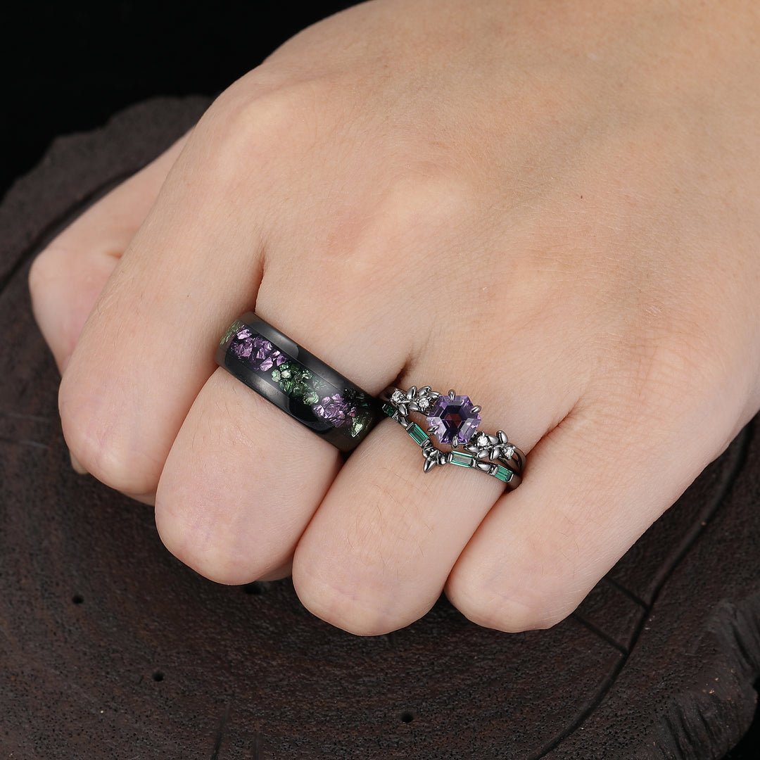 Leaf Engraved Natural Amethyst Couple Ring Set Purple And Green Matching Rings For Him For Her
