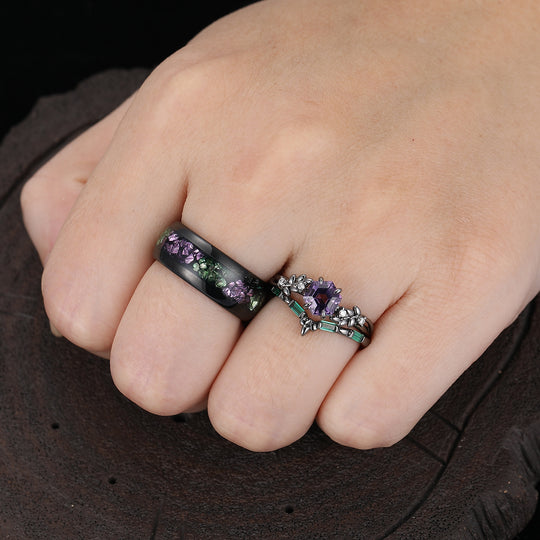Leaf Engraved Natural Amethyst Couple Ring Set Purple And Green Matching Rings For Him For Her