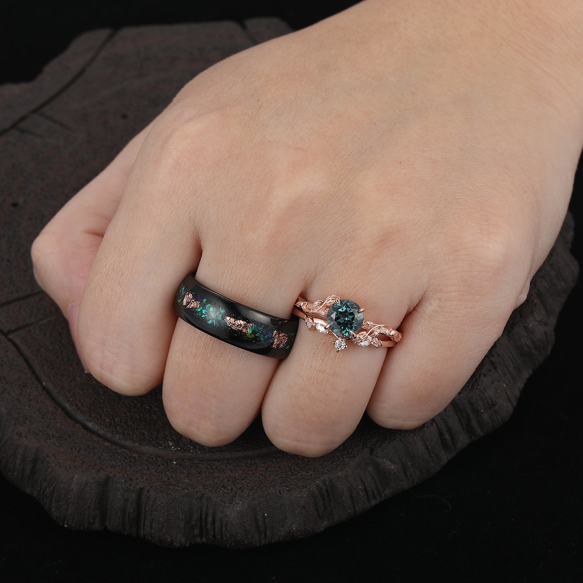 Vintage Leaf Teal Blue Sapphire Engagement Couples Ring Set