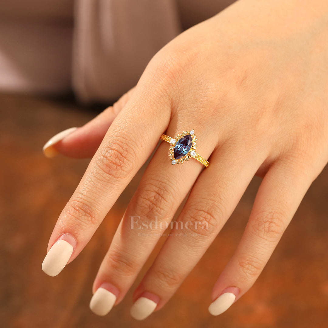 Vintage Vine Design Marquise Cut Alexandrite Bridal Anniversary Ring Women Promise Ring