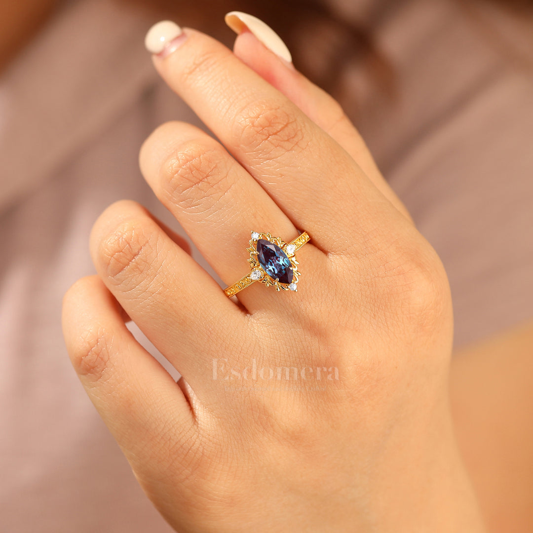 Vintage Vine Design Marquise Cut Alexandrite Bridal Anniversary Ring Women Promise Ring