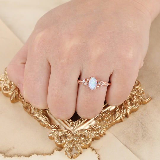Dainty Oval Pink White Opal Bridal Ring Leaf Engraved Rose Gold Women Ring