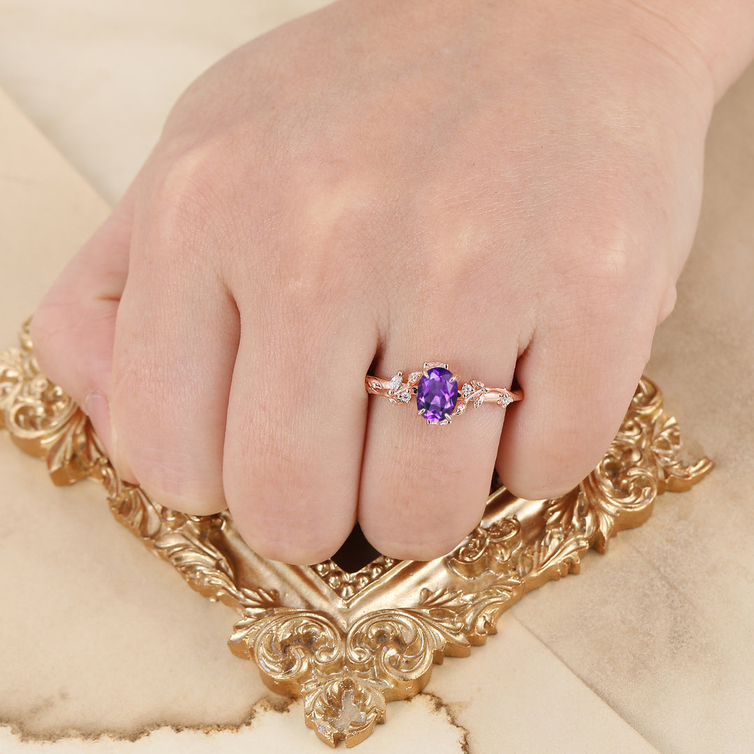 Anello di fidanzamento ovale in ametista ispirato alla natura, anello nuziale in oro massiccio, anello in argento sterling per lei