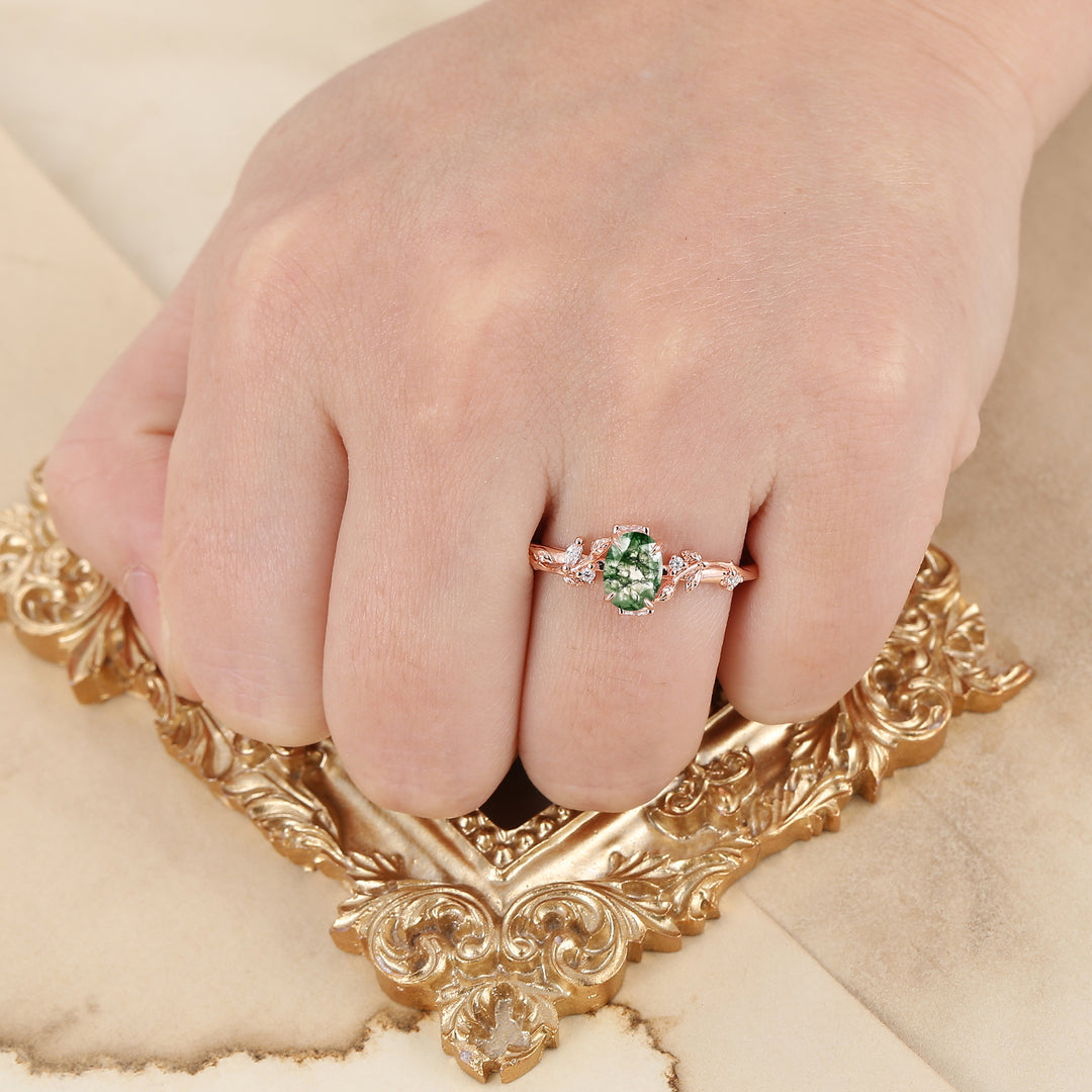 Unique Leaf Design Natural Moss Agate Engagement Ring Rose Gold Prong Setting Bridal Ring