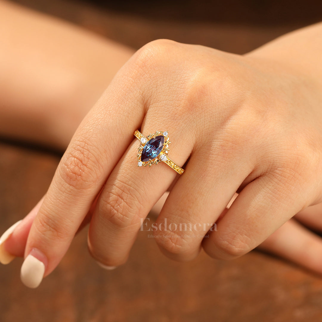 Vintage Vine Design Marquise Cut Alexandrite Bridal Anniversary Ring Women Promise Ring