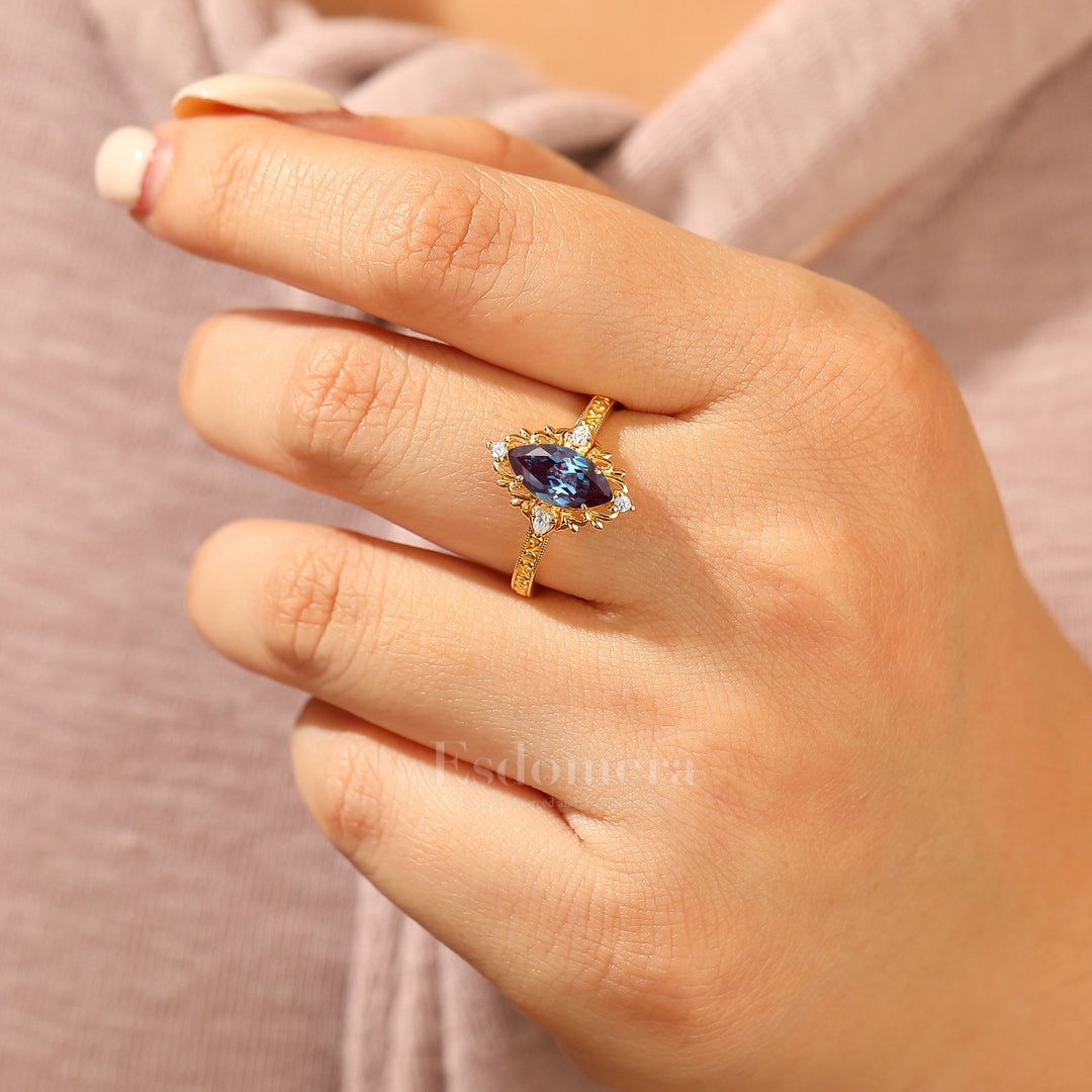 Vintage Vine Design Marquise Cut Alexandrite Bridal Anniversary Ring Women Promise Ring