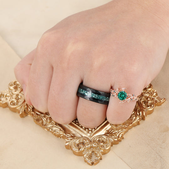 Leaf Inspired Hexagon Cut Emerald Couple Ring Unique Emerald Rings For Him And Her