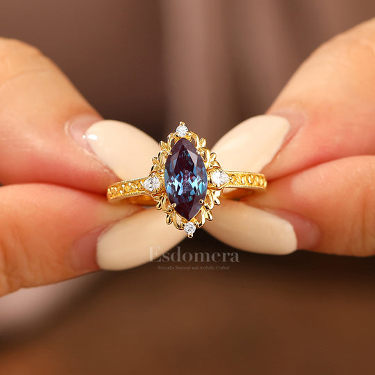 Vintage Vine Design Marquise Cut Alexandrite Bridal Anniversary Ring Women Promise Ring
