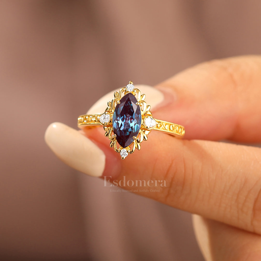 Vintage Vine Design Marquise Cut Alexandrite Bridal Anniversary Ring Women Promise Ring