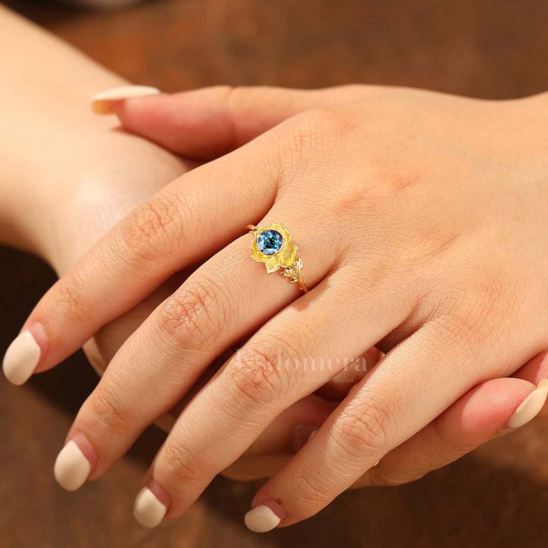 Unique Blooming Flower Alexandrite Bridal Ring 5mm Round Alexandrite Yellow Gold Wedding Ring