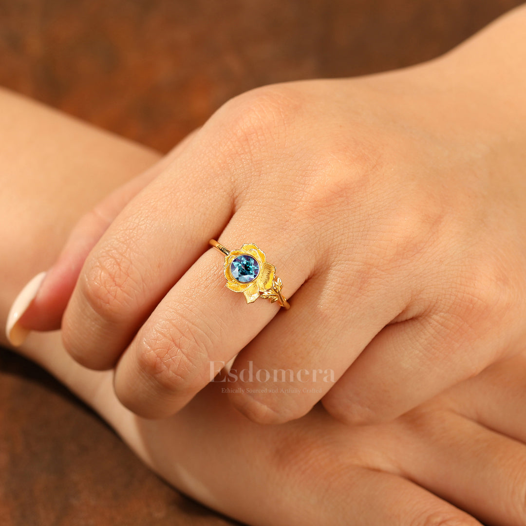 Unique Blooming Flower Alexandrite Bridal Ring 5mm Round Alexandrite Yellow Gold Wedding Ring
