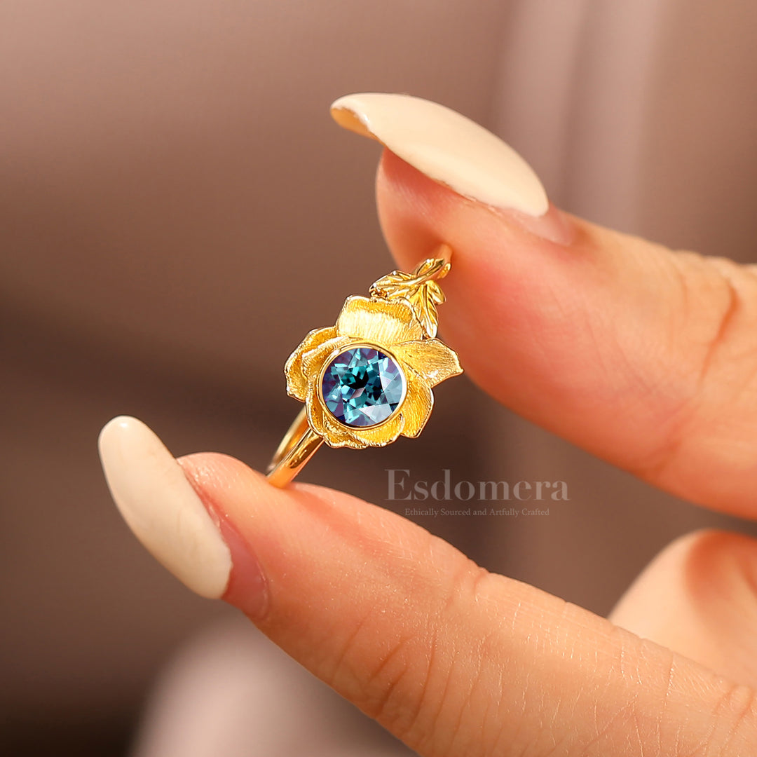 Unique Blooming Flower Alexandrite Bridal Ring 5mm Round Alexandrite Yellow Gold Wedding Ring