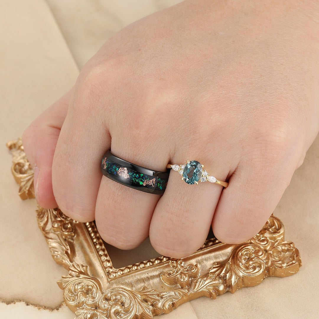 Unique Oval Cut Teal Sapphire Couples Ring S925 And Tungsten His and Hers Wedding Band