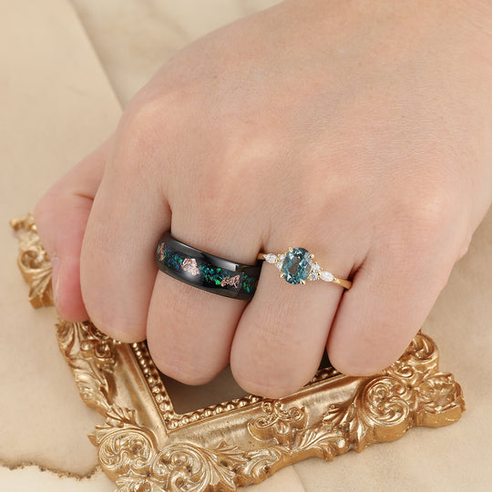 Unique Oval Cut Teal Sapphire Couples Ring S925 And Tungsten His and Hers Wedding Band