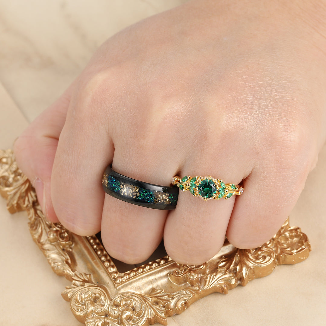0.8CT Round Emerald His And Hers Rings Citrine and Peacock Green Opal Tungsten Matching Couple Rings