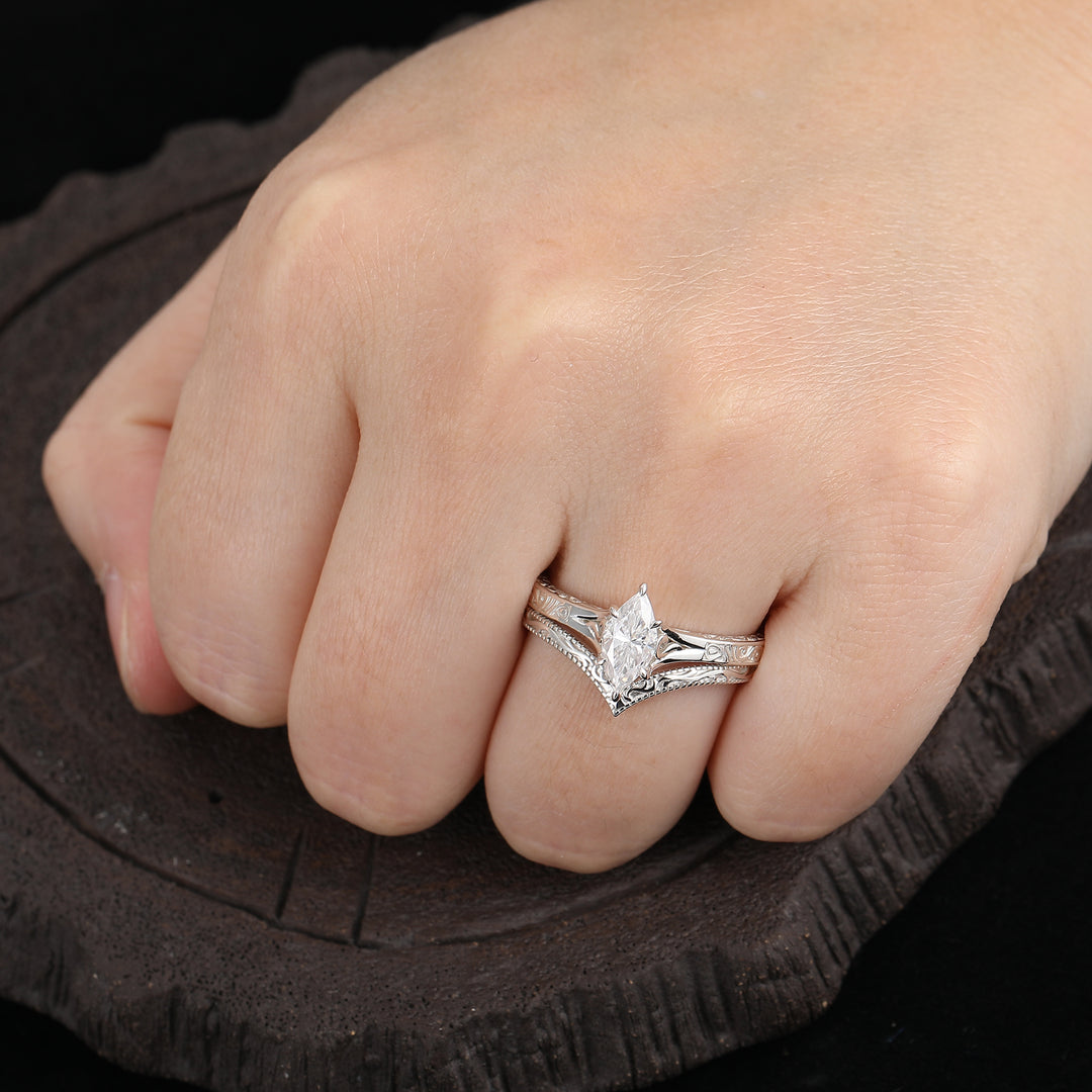 Solid Yellow Gold Filigree Flat Wings Marquise Cut Moissanite Wedding Ring Set 2pcs Engagement Ring Set