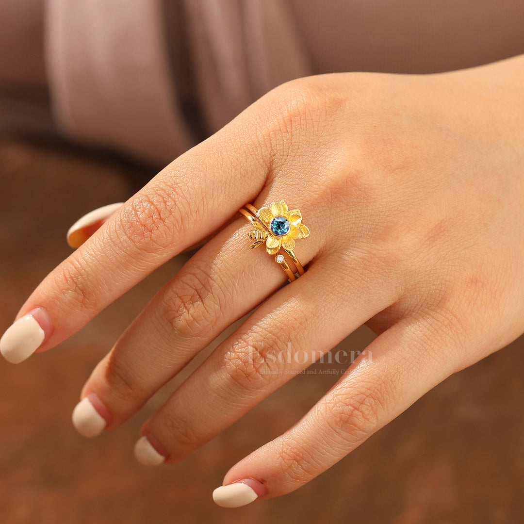 Alexandrite Flower Engagement Ring Set Matching Nature Inspired Bee Design Wedding Band