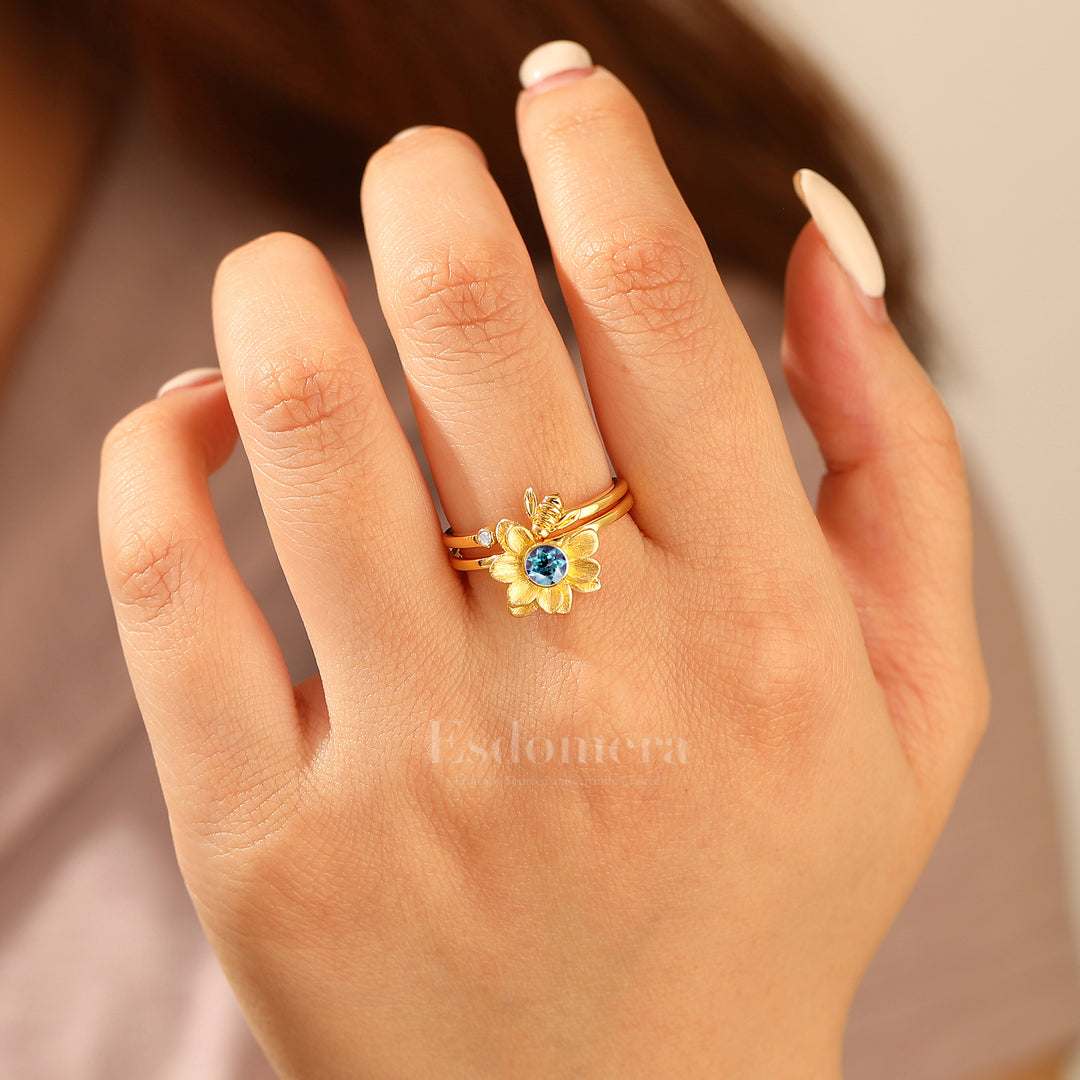Alexandrite Flower Engagement Ring Set Matching Nature Inspired Bee Design Wedding Band