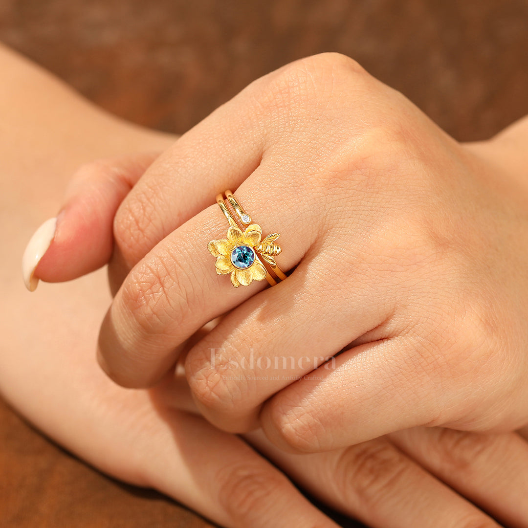 Alexandrite Flower Engagement Ring Set Matching Nature Inspired Bee Design Wedding Band