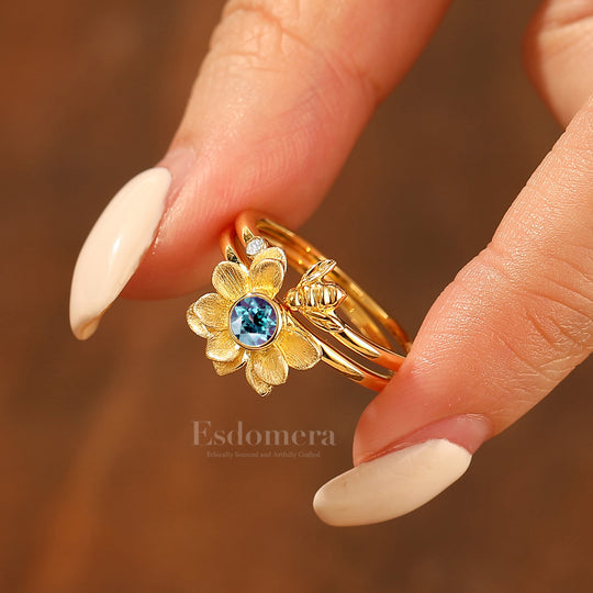 Alexandrite Flower Engagement Ring Set Matching Nature Inspired Bee Design Wedding Band