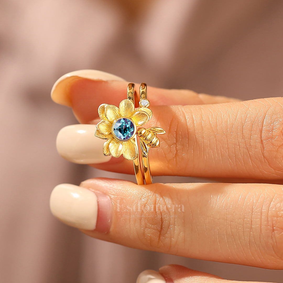 Alexandrite Flower Engagement Ring Set Matching Nature Inspired Bee Design Wedding Band