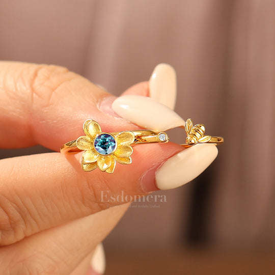 Alexandrite Flower Engagement Ring Set Matching Nature Inspired Bee Design Wedding Band