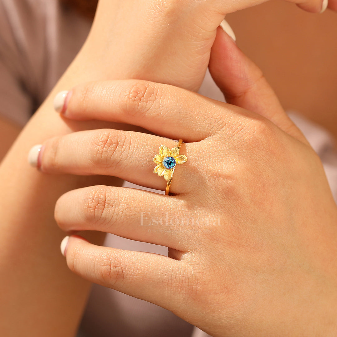 Solitaire Alexandrite Bloom Engagement Ring Sterling Silver Flower Round Alexandrite Ring For Her