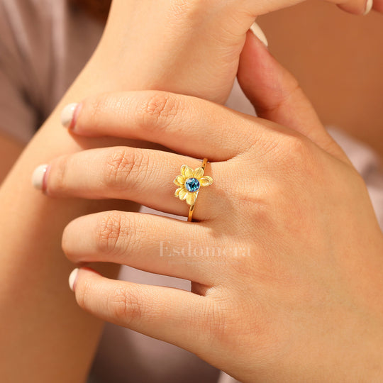 Solitaire Alexandrite Bloom Engagement Ring Sterling Silver Flower Round Alexandrite Ring For Her