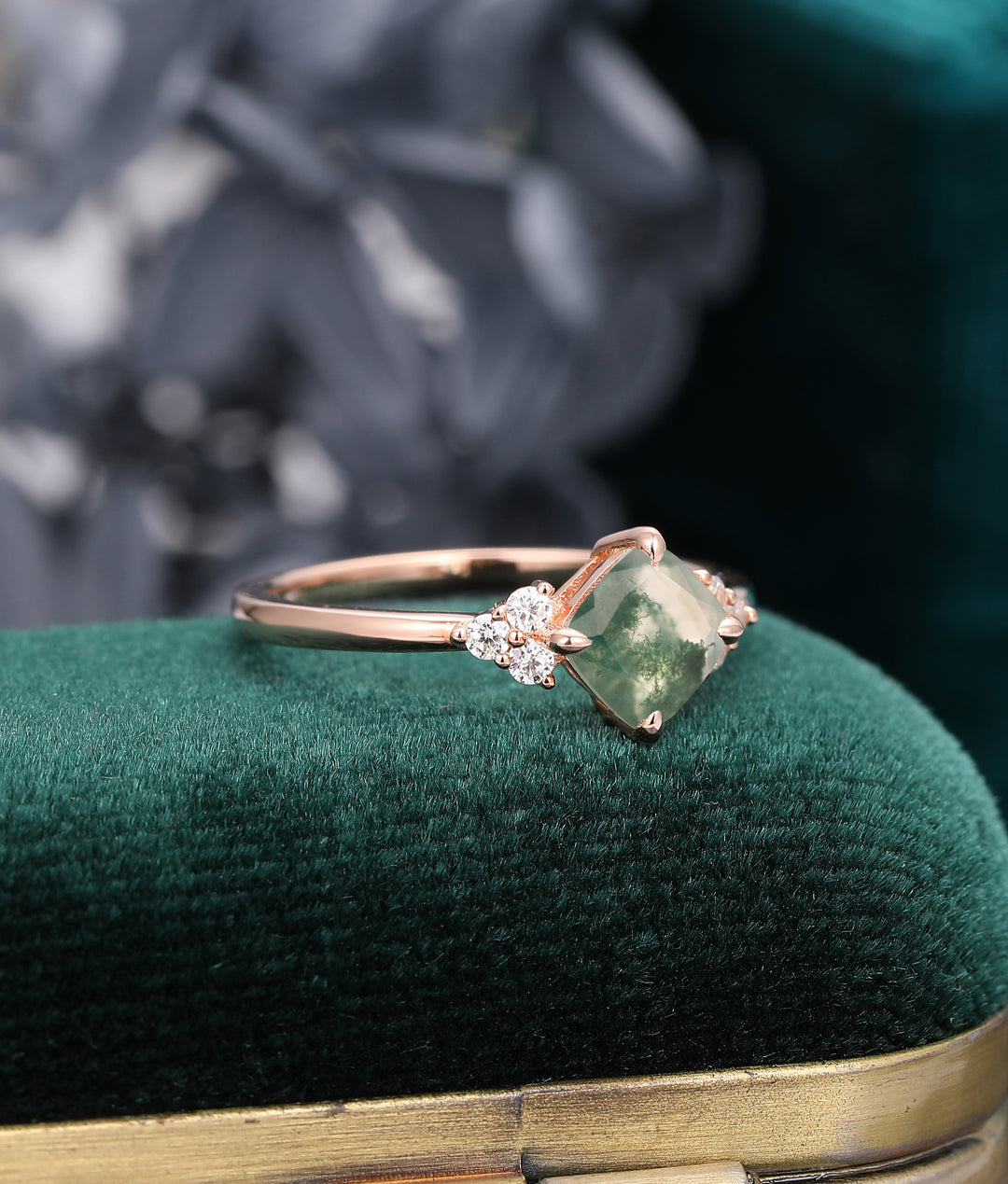 Cushion Green Moss Agate Engagement Ring, Rose Gold Art Deco Bridal Wedding Ring Women