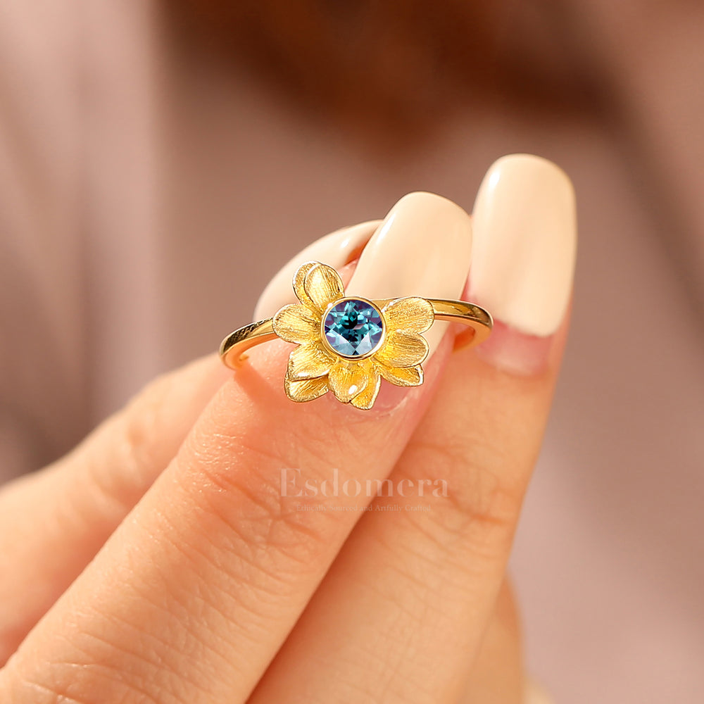 Bague de fiançailles Solitaire Alexandrite Bloom en argent sterling Fleur Bague ronde en alexandrite pour elle