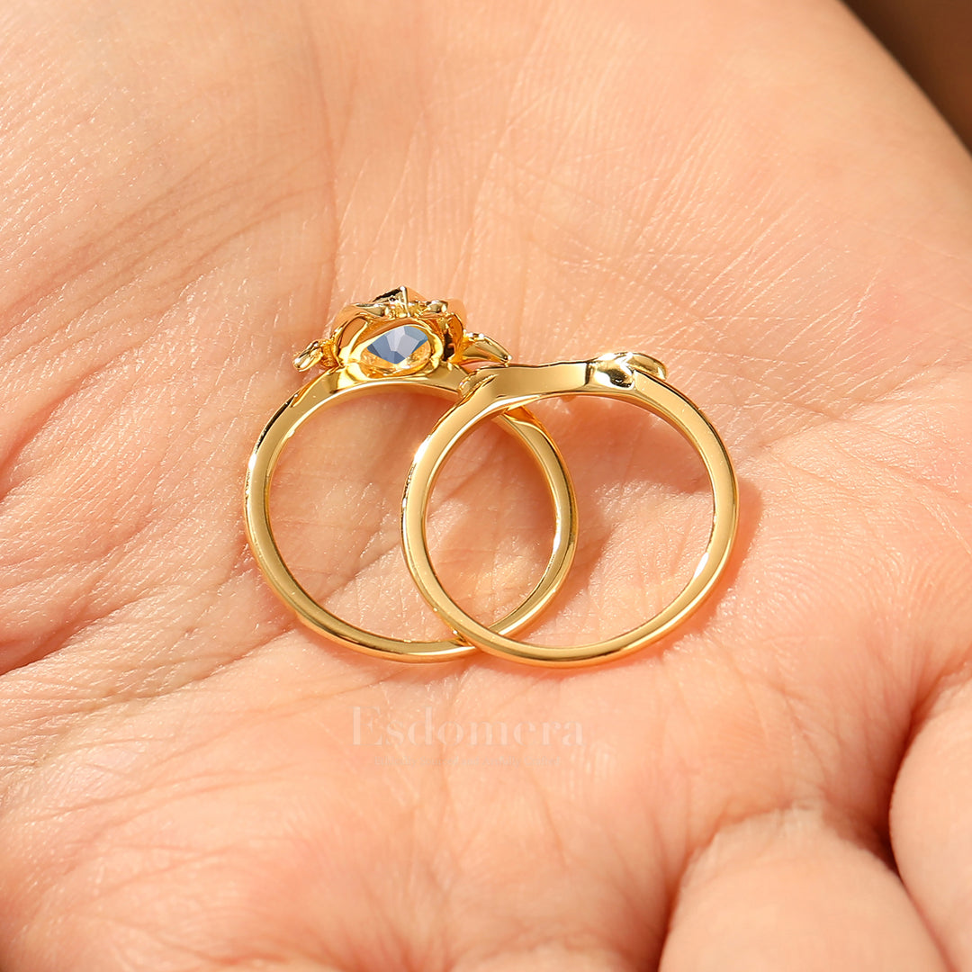 Unique Lotus Design Alexandrite Engagement Ring Set Solitaire Pear Cut Alexandrite 14K Gold Women Rings