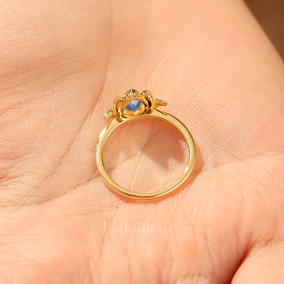 Bague de fiançailles solitaire en alexandrite taille poire avec design fleur de lotus en or jaune massif pour femme