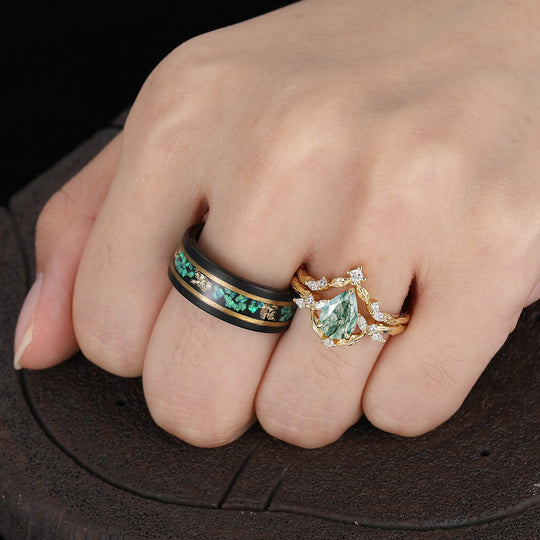 Unique Moss Agate Branch Design Set di Anelli per Coppia Anelli Verde Smeraldo Lui e Lei