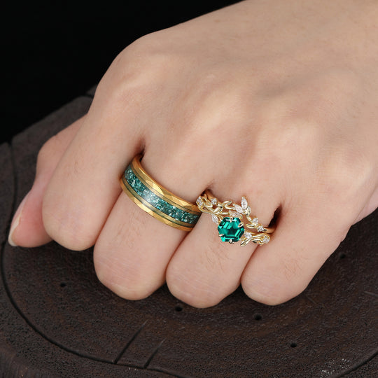 Exquisite Hexagon Cut Emerald Leaf Design Couple Ring Set His And Hers Matching Rings