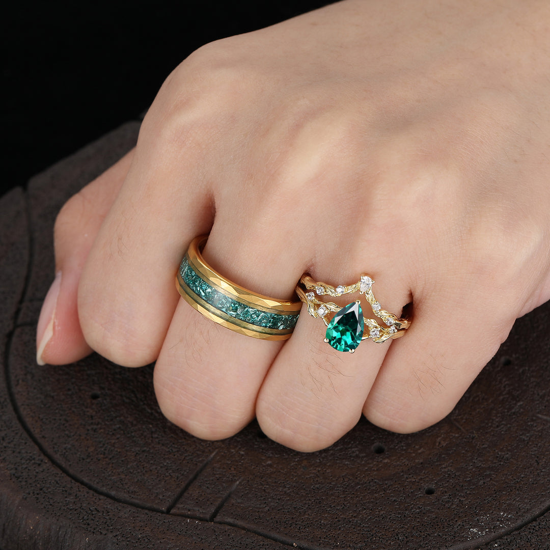 Nature Inspired Pear Cut Emerlad Couple Ring Set Yellow Gold Plated Marriage Ring Set