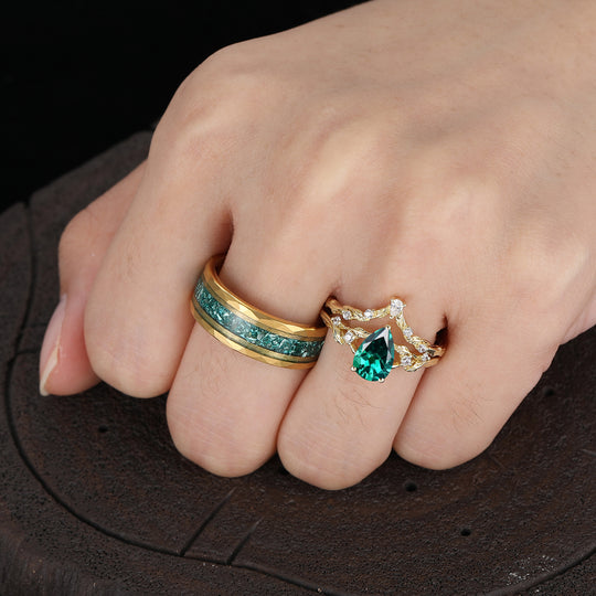Nature Inspired Pear Cut Emerlad Couple Ring Set Yellow Gold Plated Marriage Ring Set