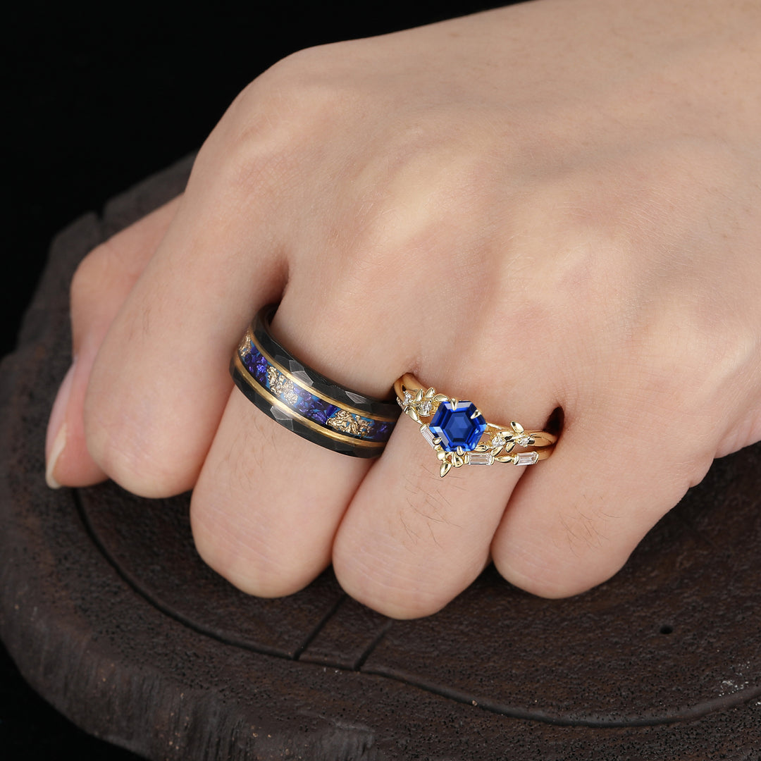 Leaf Inspired Hexagon Cut Sapphire Couple Rings Yellow Gold Marriage His And Hers Ring Set