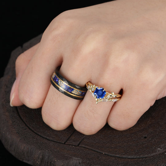 Leaf Inspired Hexagon Cut Sapphire Couple Rings Yellow Gold Marriage His And Hers Ring Set