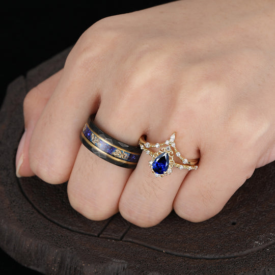 Exquisite Pear Cut Sapphire Couple Rings Filigreed Marriage Ring Set For Him And Her