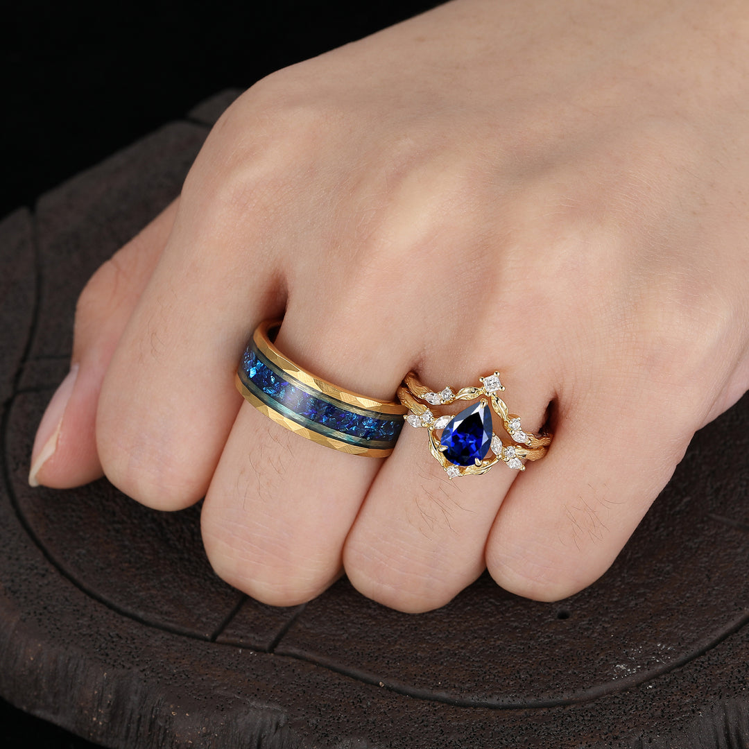 Antique Pear Cut Sapphire Leaf Branch Couple Rings Set Dainty Gold Rings For Him And Her