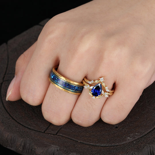 Antique Pear Cut Sapphire Leaf Branch Couple Rings Set Dainty Gold Rings For Him And Her