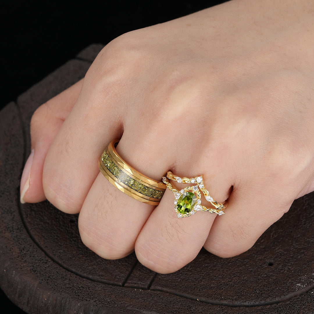 Antique Oval Cut Peridot Leaf Branch Couple Rings Set Dainty Gold Rings For Him And Her