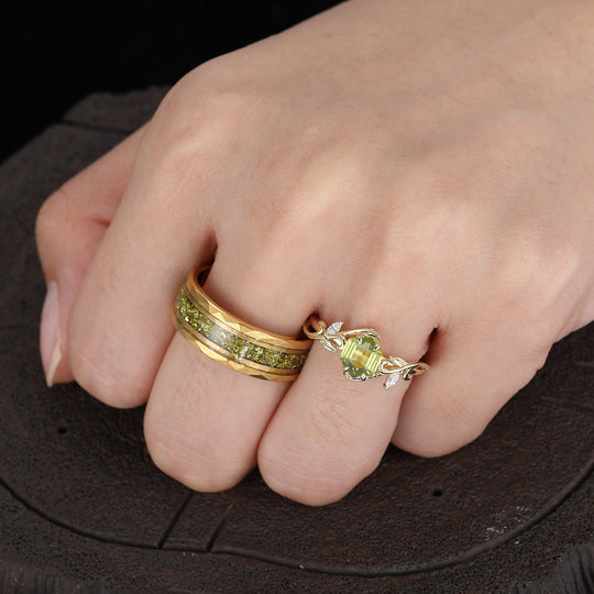 Antique Hexagon Cut Peridot Leaf Branch Couple Rings Set Dainty Gold Rings For Him And Her